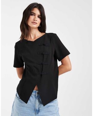 Vero Moda Asymmetric Hem Woven Top With Mandarin- Style Fastening - Black
