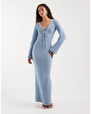 4th & Reckless Ribbed Knit Tie Front Flute Sleeve Maxi Dress - Blue