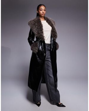 River Island Faux Fur Collar Faux Leather Trench - Grey