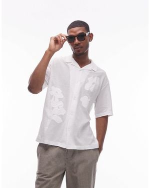 TOPMAN Oversized Fit Open Knit Floral Patch Button Down Polo Shirt - White