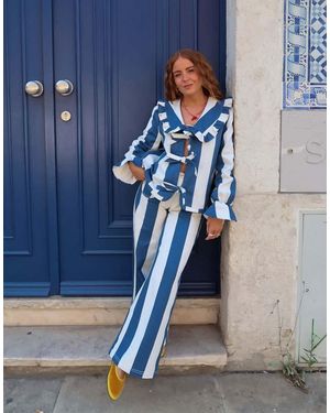 Labelrail Pantalones Azul Marino Y Crema A Rayas Estilo Circense De Pernera Ancha De X Rebecca Olivia