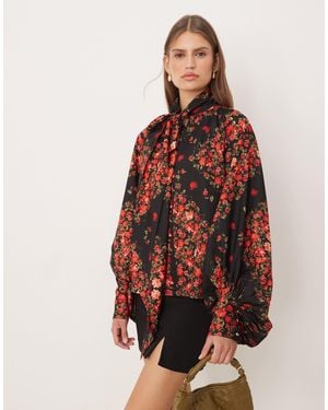 Hope & Ivy Balloon Sleeve Blouse With Tie Neck - Red