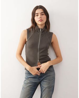 Weekday Mock Neck Zip Through Sleeveless Top - Gray