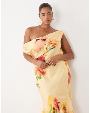 ASOS Asos Design Curve Fallen Shoulder Midaxi Dress With Asymmetric Godet Hem - Multicolour
