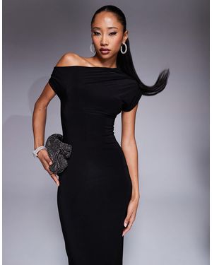 Kaiia Exclusive Double Layered Slinky Drape Off Shoulder Bodycon Maxi Dress - Black