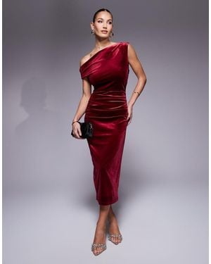 True Violet Velvet Drape Shoulder Midi Dress - Red