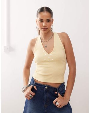 Collusion Halter Neck Buttermilk Top With Pearl Style Button - Blue