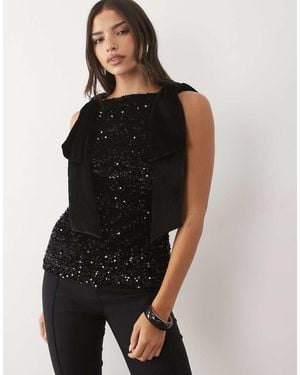 Pretty Lavish Sequin Velvet Bow Detail Top - Black