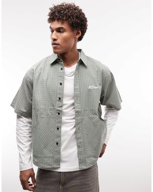 X-Large Check Double Checked Short Sleeve Shirt With Kangaroo Pockets - Grey