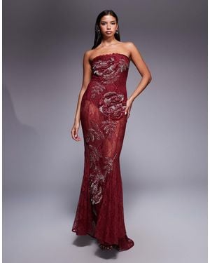 ASOS Bandeau Lace Embellished Maxi Dress With Corset Detailing And Fishtail Skirt - Red