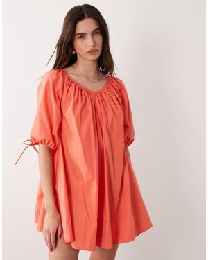 ASOS Vestido Corto Con Cuello Ancho Y Lazadas En Las Mangas De Popelina De -Naranja - Rojo