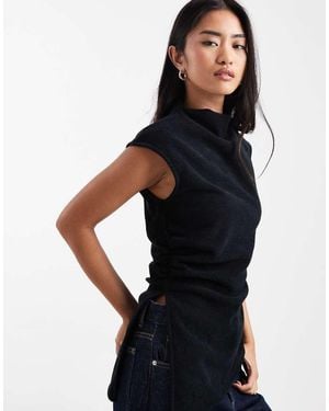 ASOS Brushed Rib High Neck Top With Asymmetric Hem - Black