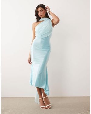 Oh Polly One Shoulder Scarf Detail Asymmetric Hem Midi Dress - Blue