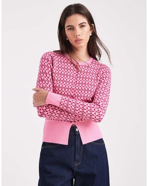 Threadbare Valentines Crew Neck Argyle Heart Print Cardigan - Pink