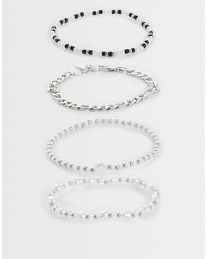 ASOS Confezione Da 4 Bracciali Con Perline, Pietre Nere E Catenina Argentata - Grigio
