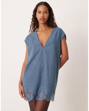 ASOS Cord Lace Trim Shift Mini Dress - Blue