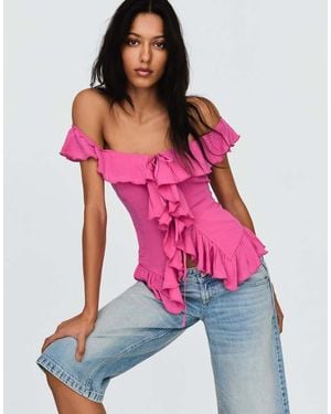 Bershka Bardot Frill Top - Pink