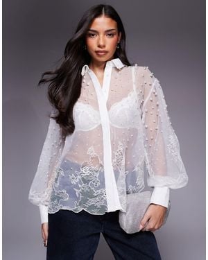 ASOS Organza And Lace Mix Pearl Embellished Shirt - Gray
