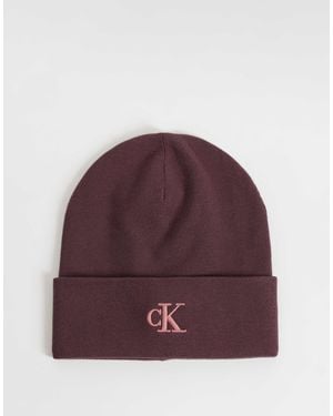 Calvin Klein Monogram Rib Beanie With Pink Logo - Purple