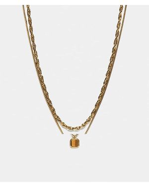 ASOS Waterproof Stainless Steel 2 Pack Chain Necklace With Square Semi-precious Tigers Eye Pendant - Metallic