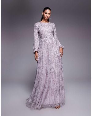 Beauut Vestido Largo Morado Con Mangas Globo Y Diseño Adornado Con Lentejuelas Y Cuentas De