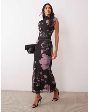 ASOS Maxi Jurk Van Mesh Met Print, Hoogsluitend Detail En Schoudervullingen, Met Paarse Bloemenprint - Naturel