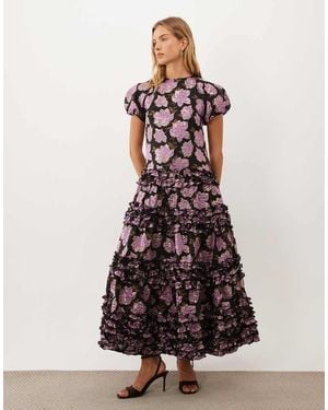 Sister Jane Dream Amythest Jacquard Cap Sleeve Drop Wait Tiered Skirt Maxi Dress - White