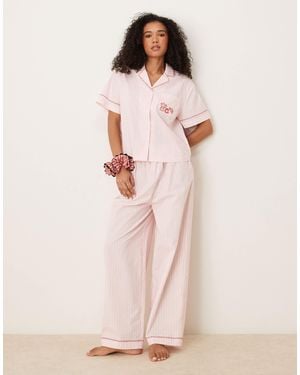 ASOS Short Sleeve Pajama Set With Coffee Break Embroidery - Pink