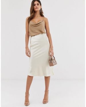 Warehouse Bias Cut Satin Slip Skirt In Ivory - Natural