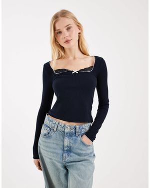 Miss Selfridge Long Sleeve Rib Knit Top With Lace Detailing - Blue