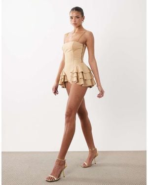 Oh Polly Faux Suede Ruffle Detail Lace Up Corset Playsuit - Natural