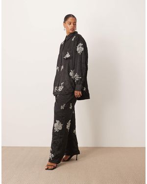 ARRANGE Curve Crinkle Satin Floral Embellished Trouser Co-Ord - Black