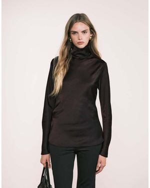Mango Capsule High Neck Long Sleeve Satin Look Top - Black
