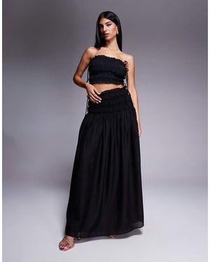 Wanderdoll Soulie Linen Look Ruffle Trim Tie Detail Shirred Dropped Waist Maxi Skirt Co-ord - Blue