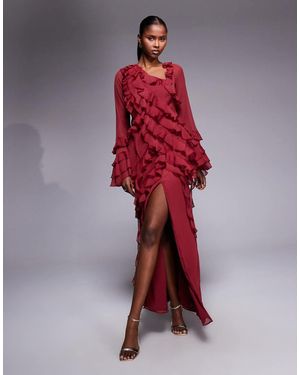 ASOS Chiffon Long Sleeve Asymmetric Tie Soft Ruffle Maxi Dress - Red