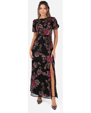 Maya Floral Embellished Short Sleeve Open Back Maxi Dress - Black