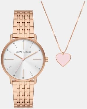 ARMANI EXCHANGE Three-Hand Rose-Tone Stainless Steel Watch And Rose-Tone Stainless Steel Necklace Set - White