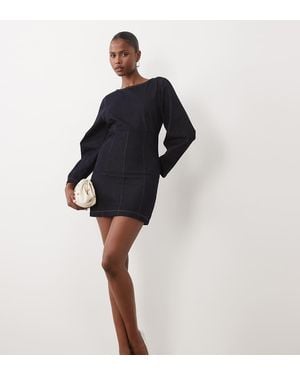 The Frolic Exclusive Denim Cinched Waist Balloon Sleeve Mini Dress - Black