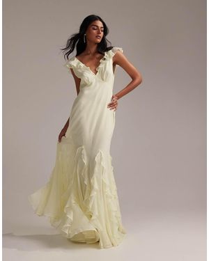 ASOS Bridesmaids Flutter Sleeve Bias Maxi Dress With Godet Frill Hem - Natural