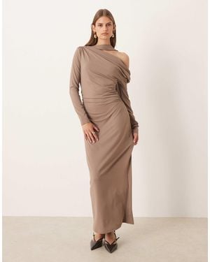 ASOS Fallen Shoulder Midi Dress With Neck Tie - Natural