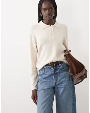 Vila Long Sleeve Knit Polo Top With Pearl Buttons - Blue