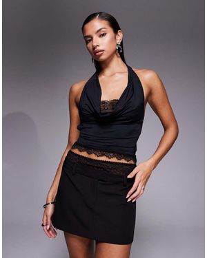 Edikted Layered Lacey Cowl Neck Halter Top - Black