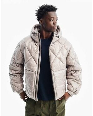 Bershka Diamond-quilted Technical Hooded Jacket - Natural