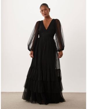LACE & BEADS Bridesmaid Tulle Sheer Sleeve Plunge Neck Tiered Maxi Dress - Black