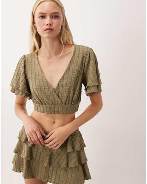Miss Selfridge Textured Wrap Frill Sleeve Top Co-Ord - Brown