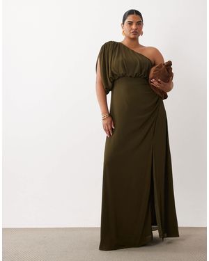 Tfnc Plus Chiffon One Shoulder Thigh High Split Draped Maxi Dress - Green