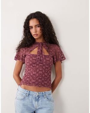 Miss Selfridge Tie Neck Lace Top With Flutter Sleeves - Red
