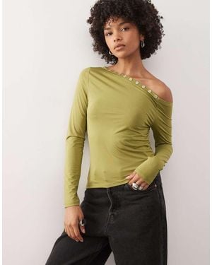 Reclaimed Vintage Slinky Asymmetric Off Shoulder Top With Button Detail - Green