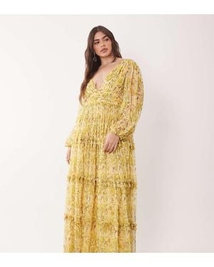 Lace & Beads Plus Lydia Tulle Balloon Sleeve Plunge Neck Tiered Maxi Dress - Metallic