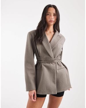 Muse Assembly Structured Blazer With Cinched Waist Tie - Gray